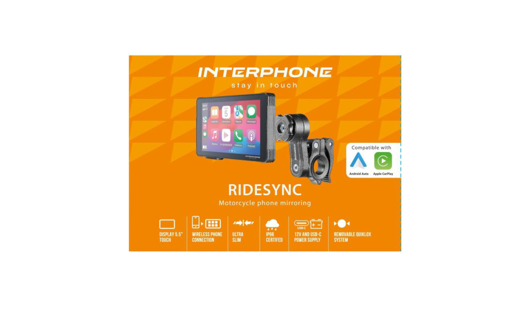 ΟΘΟΝΗ RIDESYNC ΜΕ APPLE CAR PLAY & ANDROID AUTO INTERPHONE ΜΕ ΒΑΣΗ QUIKLOX ΓΙΑ ΜΗΧΑΝΕΣ INTERPHORIDESYNC