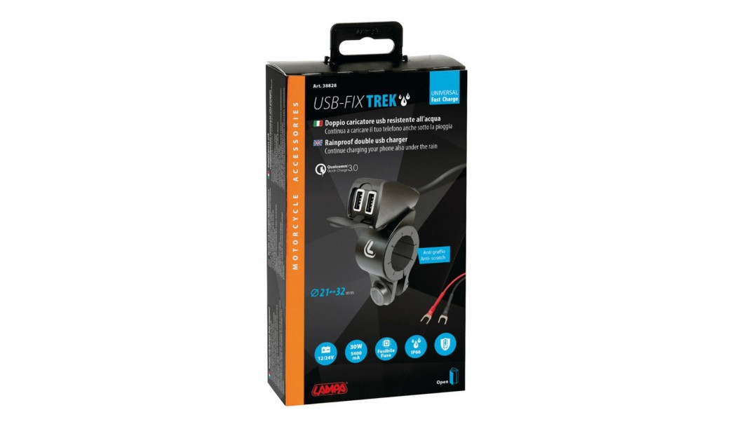 LAMPA ΔΙΠΛΟΣ TREK 12/24V AΔΙΑΒΡΟΧΟΣ ΦΟΡΤΙΣΤΗΣ USB ΜΕ ΒΑΣΗ ΣΤΗΡΙΞΗΣ ΤΙΜΟΝΙΟΥ 21>32MM 