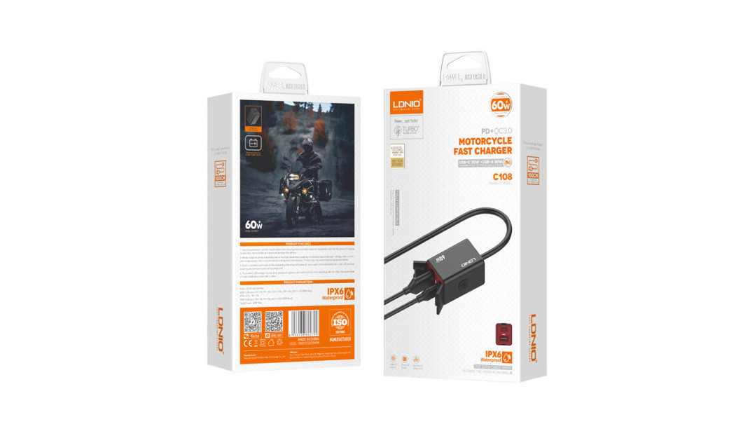 LDNIO ΦΟΡΤΙΣΤΗΣ ΜΟΤΟΣΥΚΛΕΤΑΣ C108 ΜΕ ΚΑΛΩΔΙΟ 60W USB / USB-C